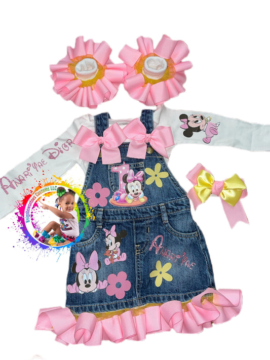 Custom Minnie Mouse overall dress with long sleeve shirt - ReignBowsNtoes