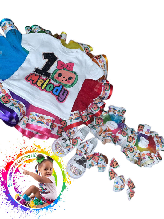 Custom cocomelon Tutusets| Ribbon trimmed Cocomelon Rainbow tutu outfit - ReignBowsNtoes