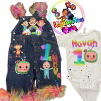 Cocomelon birthday themed overalls - ReignBowsNtoes