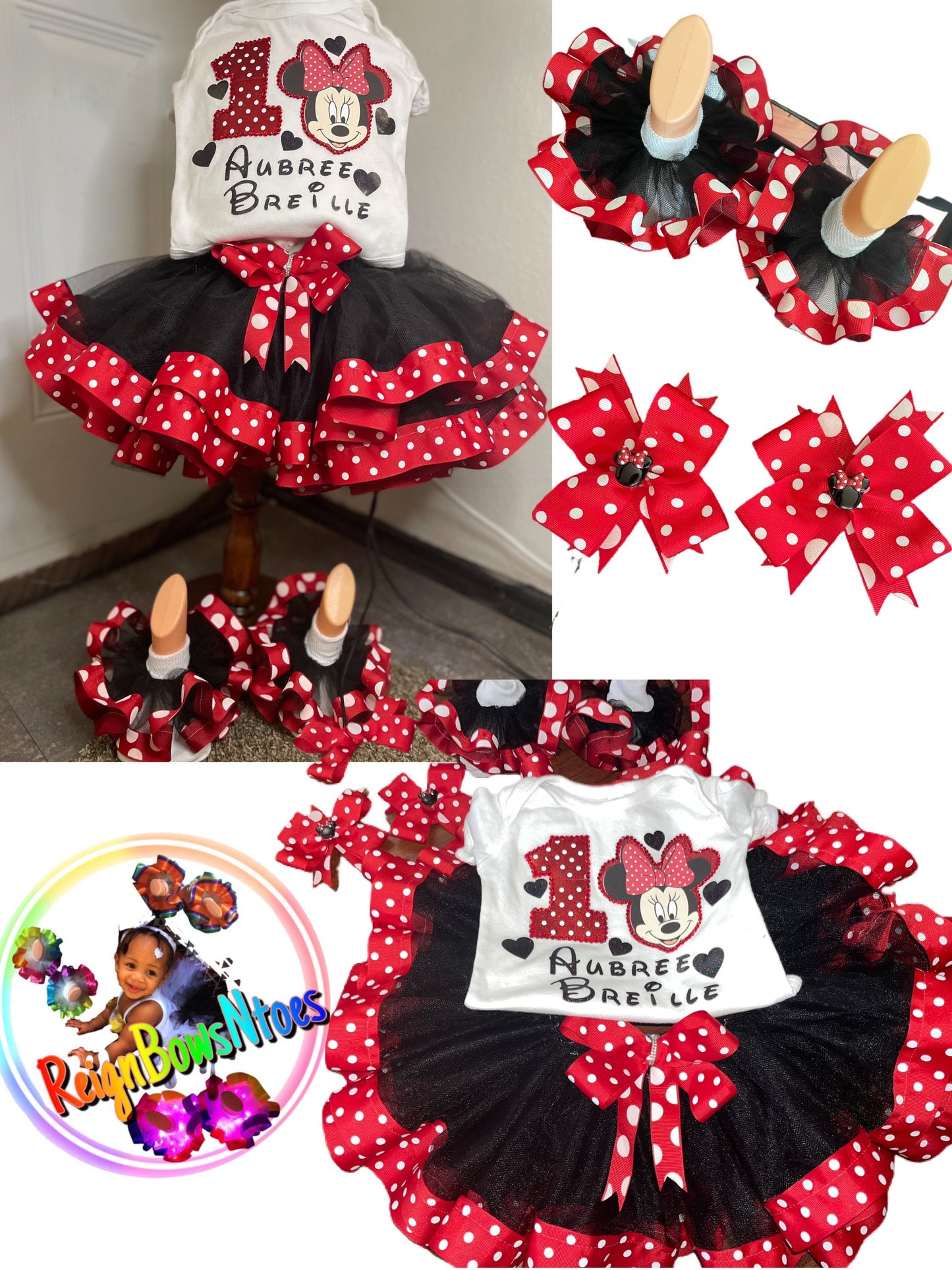 Double layer ribbon trimmed Minnie Mouse red and whit polka dot tutuset - ReignBowsNtoes