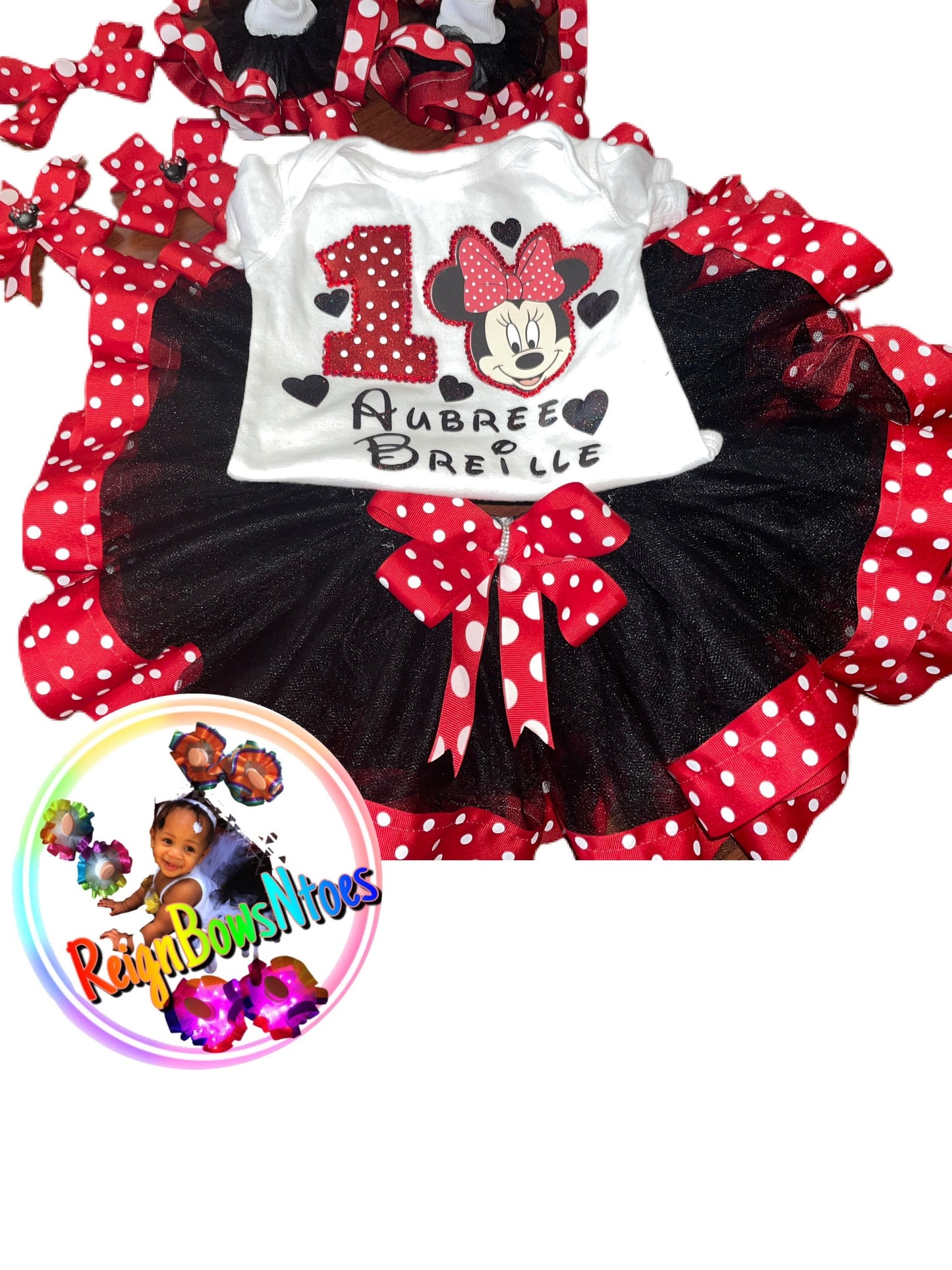 Double layer ribbon trimmed Minnie Mouse red and whit polka dot tutuset - ReignBowsNtoes