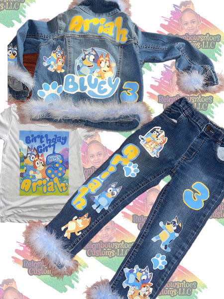 ReignBowsNtoes Bluey Outfit- Bluey Birthday Outfit- Bluey Denim Set 5T