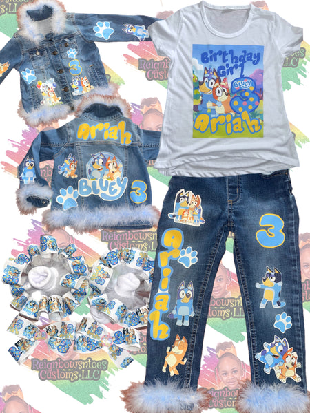 ReignBowsNtoes Bluey Outfit- Bluey Birthday Outfit- Bluey Denim Set 5T